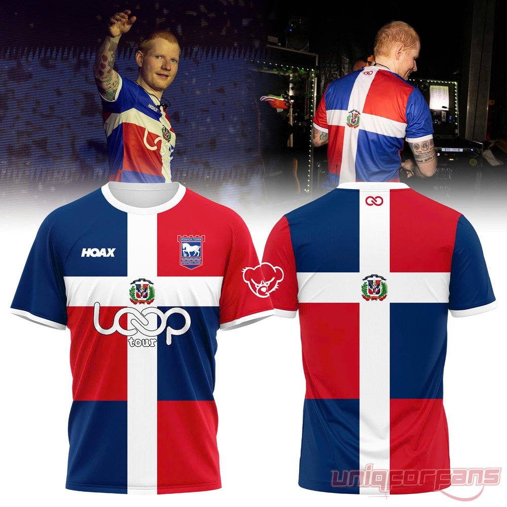 Ed Sheeran Dominican Republic special edition Loop Tour 2026 soccer jersey featuring national flag colors and Ipswich Town crest