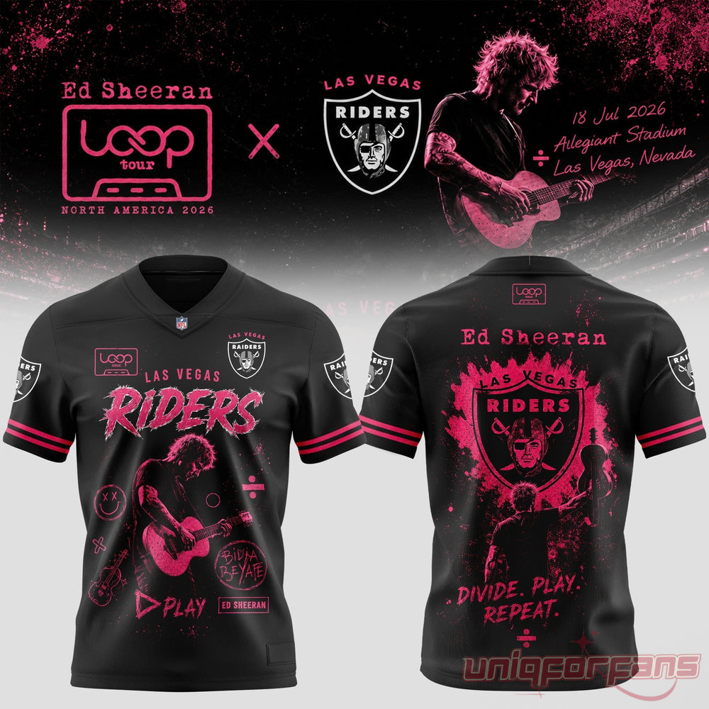 Ed Sheeran Loop Tour 2026 x Las Vegas Raiders black football jersey front and back set with pink graphic details