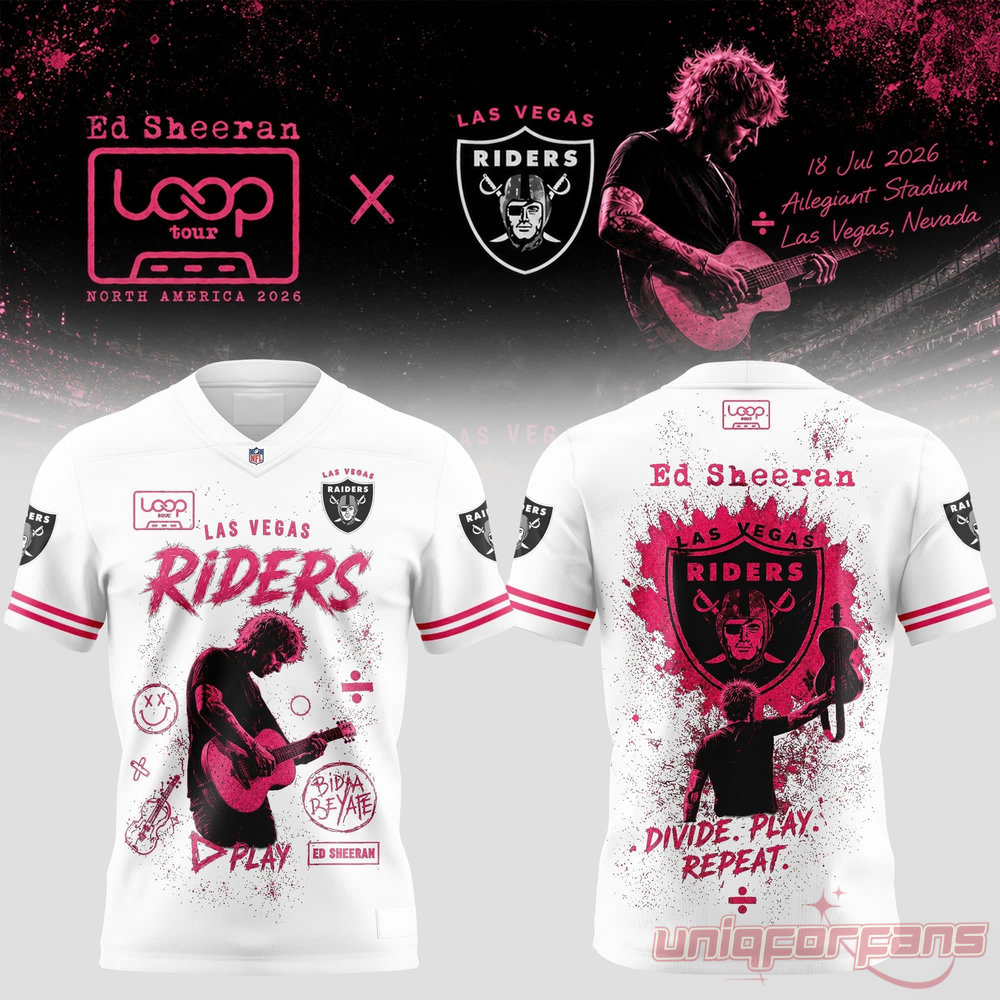 Ed Sheeran Loop Tour 2026 x Las Vegas Raiders white football jersey front and back set with pink graphic details