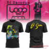 Ed Sheeran Loop Tour 2026 black t-shirt front and back set with colorful Sapphire graphic and yellow signature back