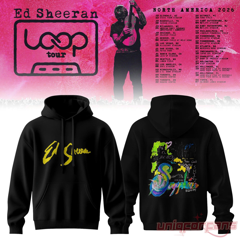 Ed Sheeran black hoodie featuring yellow signature text front and colorful abstract Sapphire artwork on back