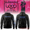 Ed Sheeran 2026 Tour black hoodie with blue Loop script front, printed sleeve, and back quote design