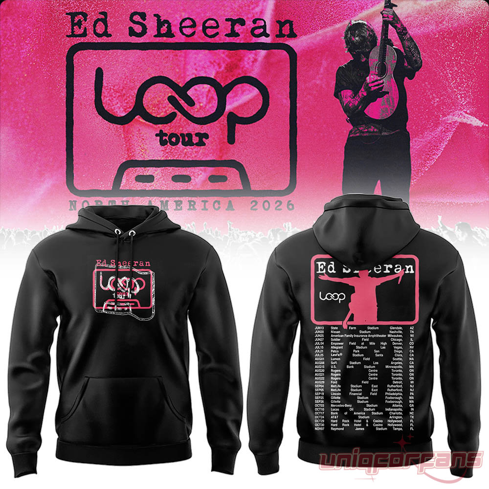 Ed Sheeran Loop Tour 2026 black hoodie with front cassette logo and back silhouette with tour dates list
