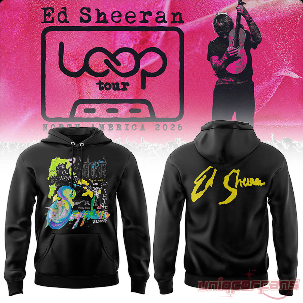 Ed Sheeran black hoodie featuring colorful Sapphire artwork front and large yellow signature logo on back