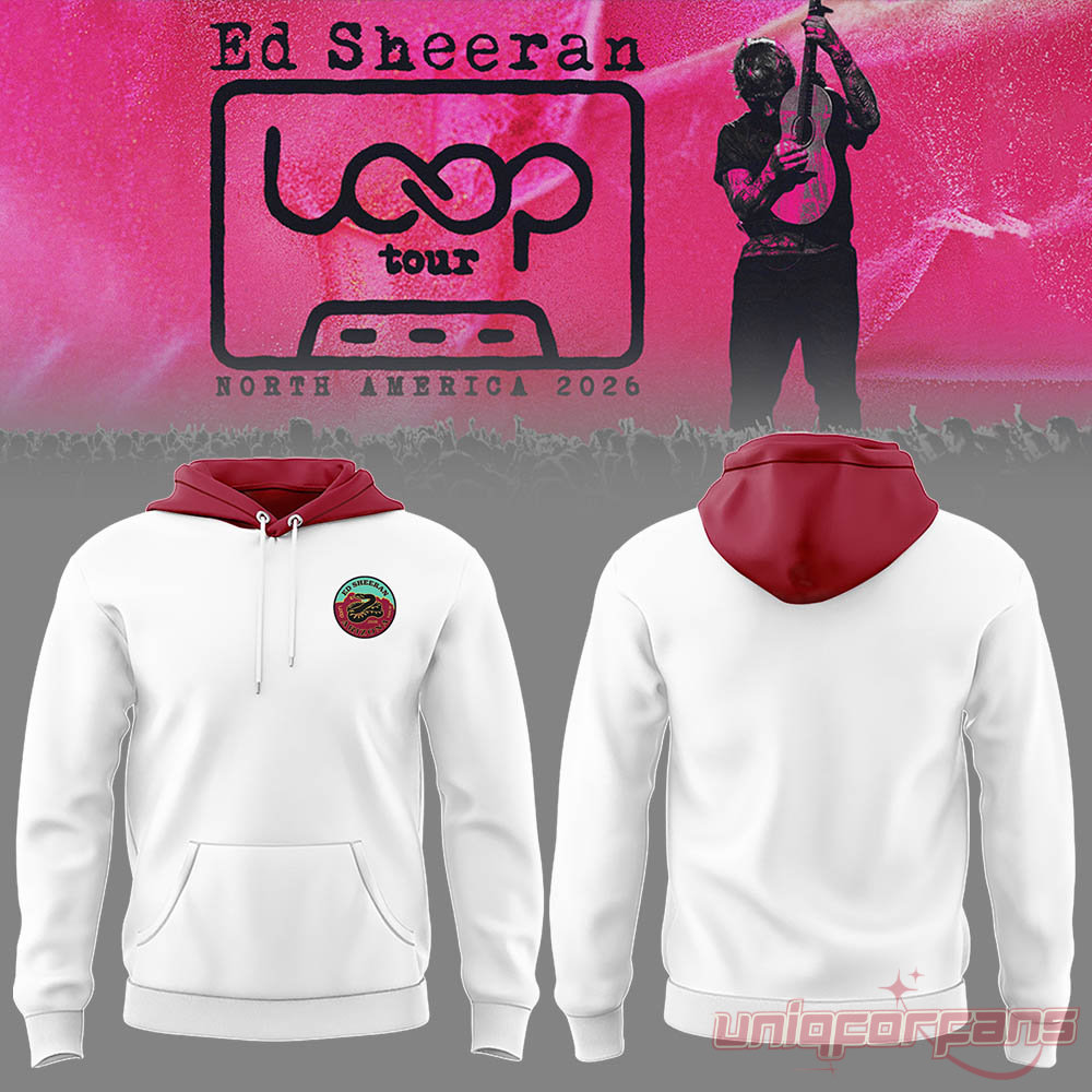 Ed Sheeran Loop Tour North American 2026 white hoodie with maroon hood contrast and chest badge