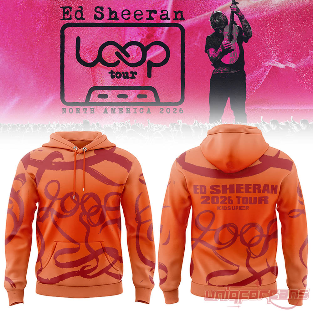 Ed Sheeran Loop Tour North American 2026 orange hoodie with abstract red line graphics front and back