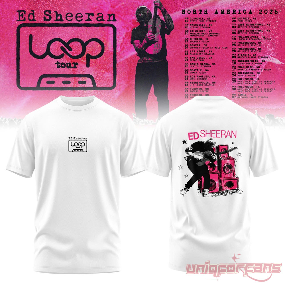 Ed Sheeran Loop Tour 2026 white t-shirt front and back set with cassette chest badge and live performance back graphic