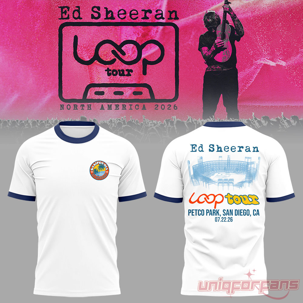Ed Sheeran North American Loop Tour 2026 white ringer shirt front and back set with Petco Park San Diego graphic