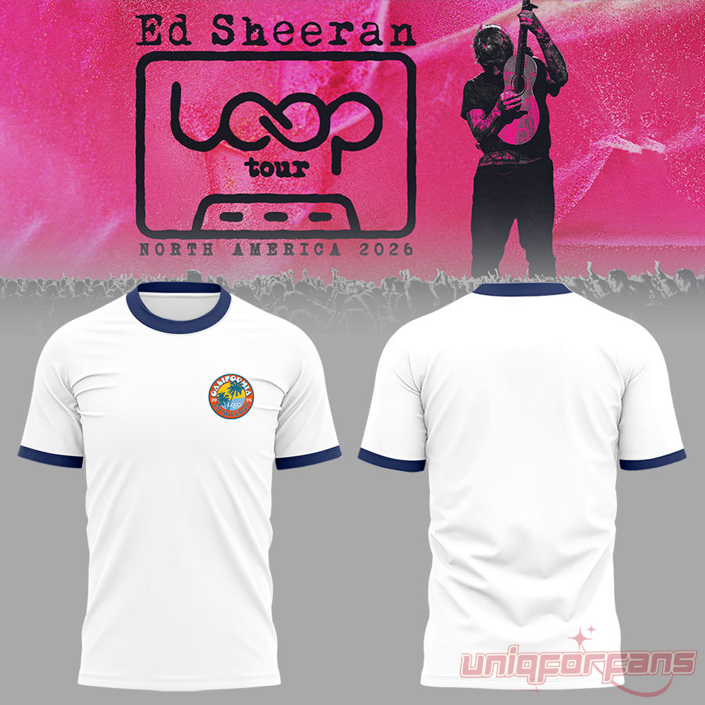 Ed Sheeran North American Loop Tour 2026 white ringer t-shirt front and blank back view with California chest badge