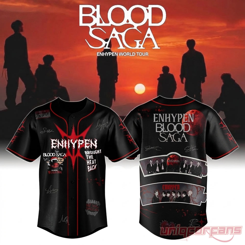 Enhypen Blood Saga Tour 2026 Baseball Jersey – black limited edition front & back with red gothic graphics and member signatures