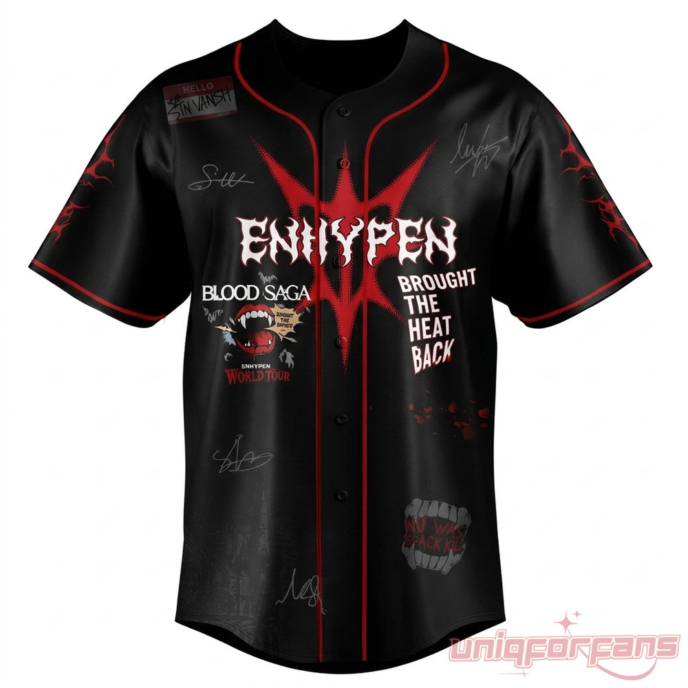 Enhypen Blood Saga Tour 2026 Baseball Jersey – black front with red gothic Enhypen logo, Blood Saga World Tour graphics and signatures