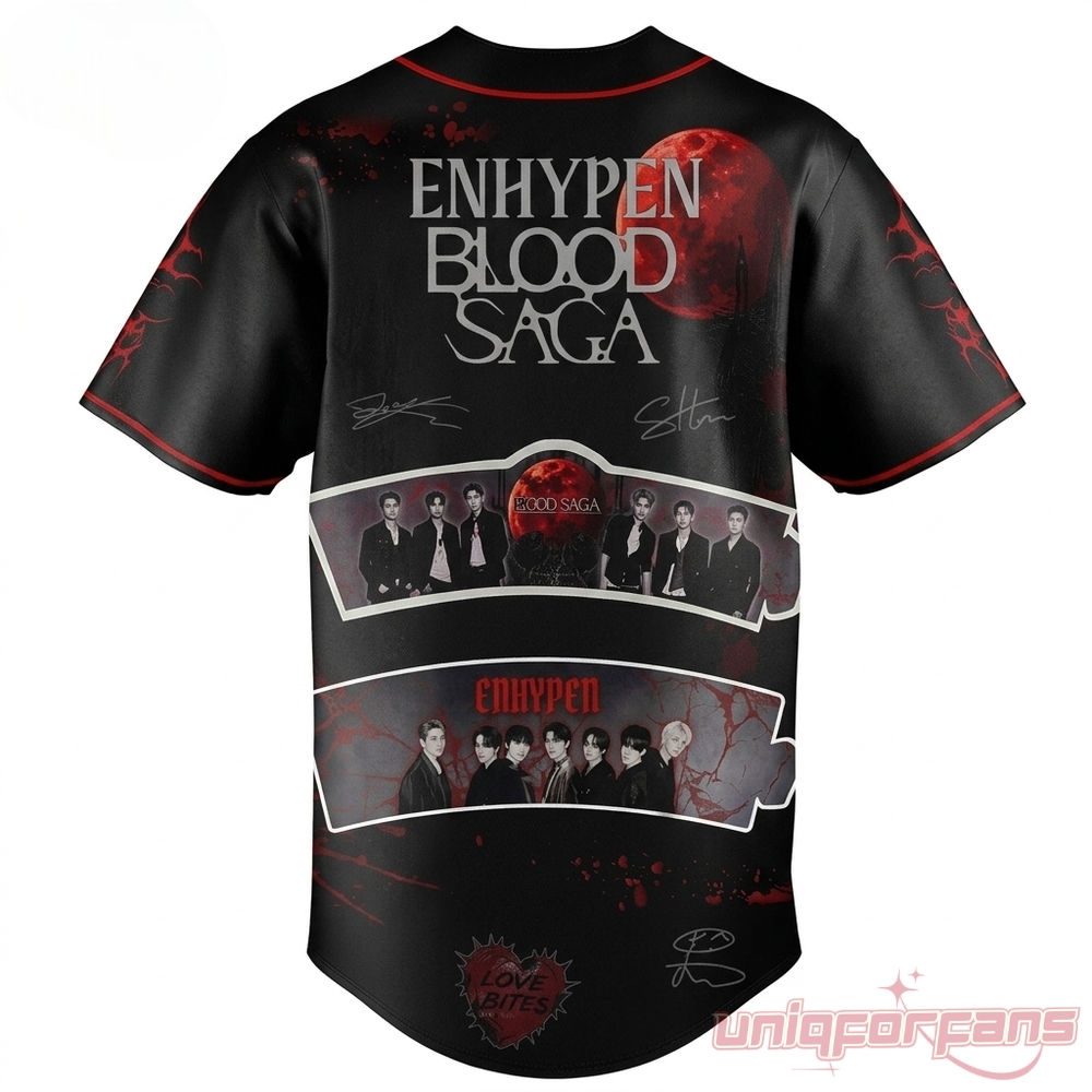 Enhypen Blood Saga Tour 2026 Baseball Jersey – black back with blood moon graphic, member photo strips and signatures