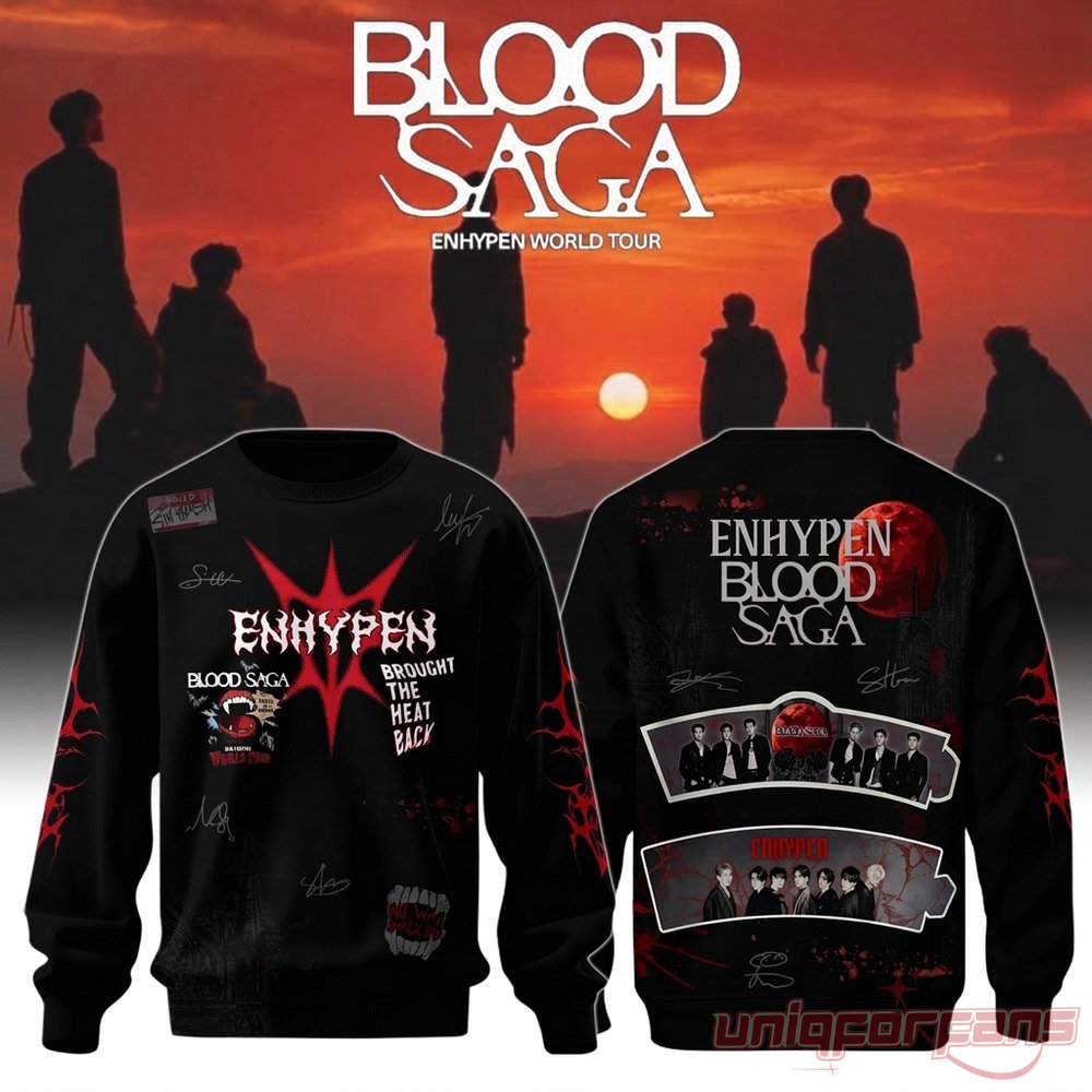 Enhypen Blood Saga 2026 Sweatshirt – black crewneck front & back with red gothic graphics, member signatures and photo strips