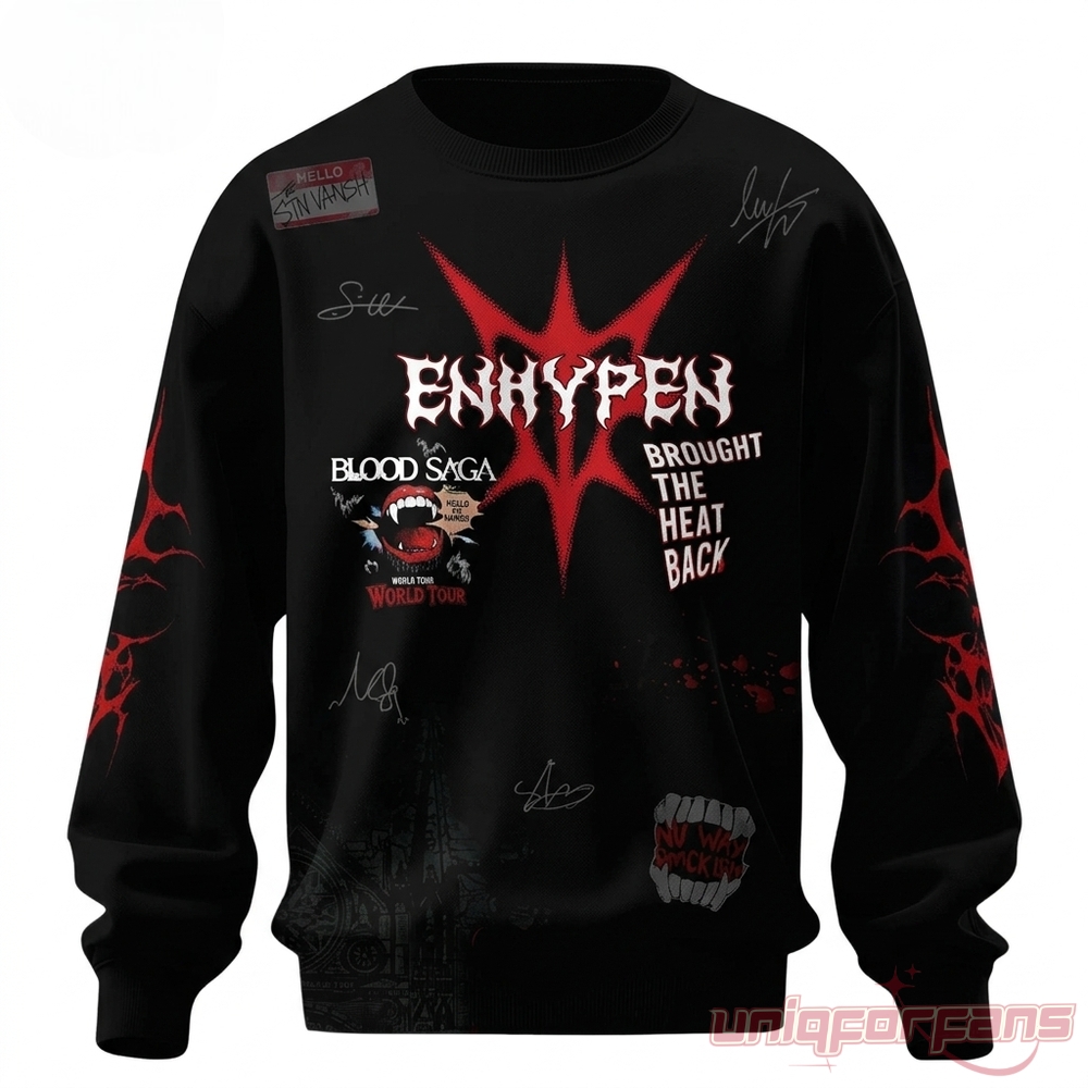 Enhypen Blood Saga 2026 Sweatshirt – black crewneck front with red gothic Enhypen logo, Blood Saga World Tour graphics and signatures