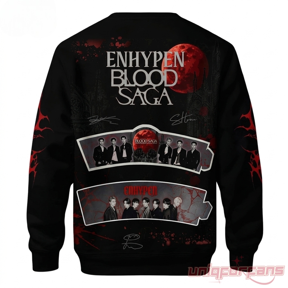 Enhypen Blood Saga 2026 Sweatshirt – black crewneck back with blood moon castle graphic, member photo strips and signatures