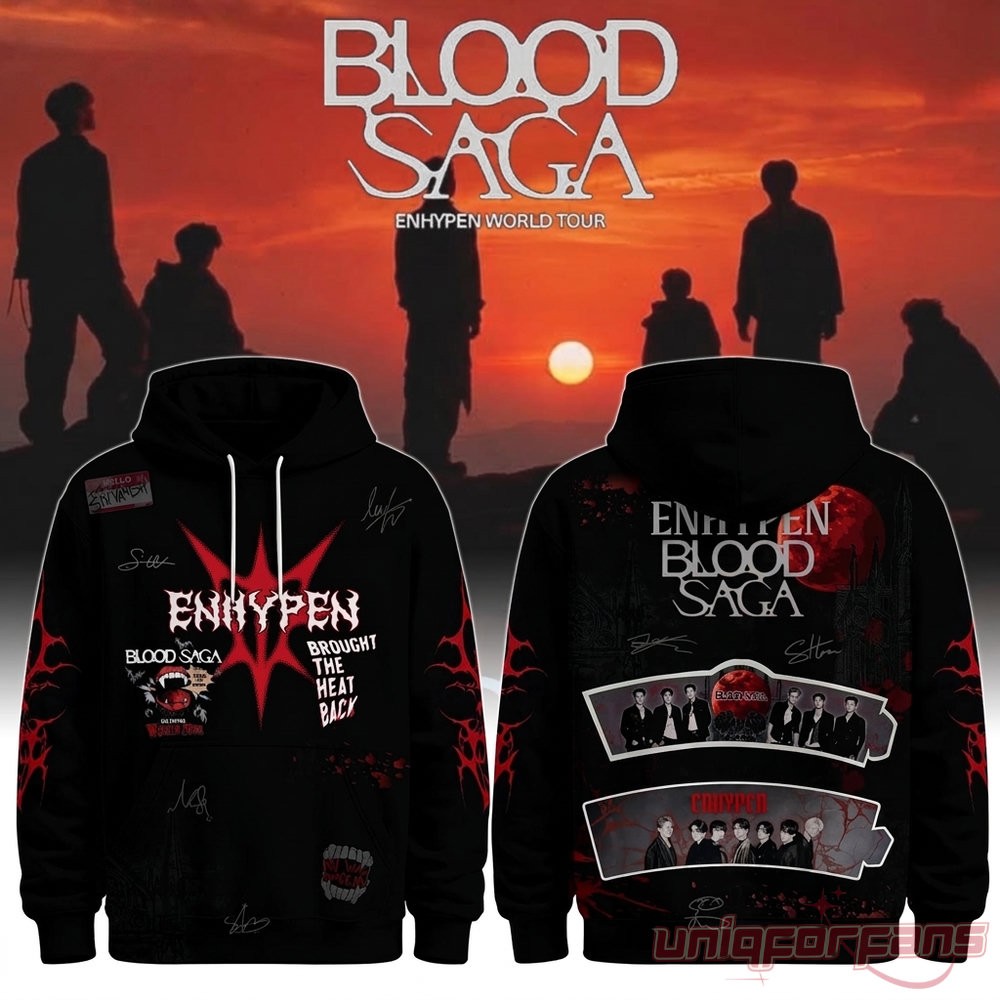 Enhypen Blood Saga Tour 2026 Hoodie – black pullover front & back with red gothic graphics, member signatures and photo strips