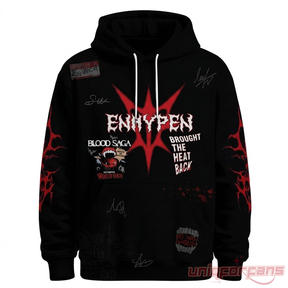 Enhypen Blood Saga Tour 2026 Hoodie – black pullover front with red gothic Enhypen logo, Blood Saga World Tour graphics and signatures