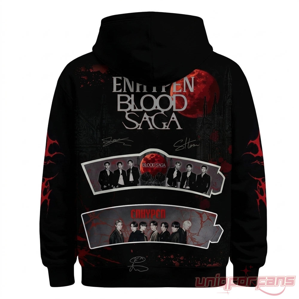 Enhypen Blood Saga Tour 2026 Hoodie – black back with blood moon castle graphic, member photo strips and member signatures