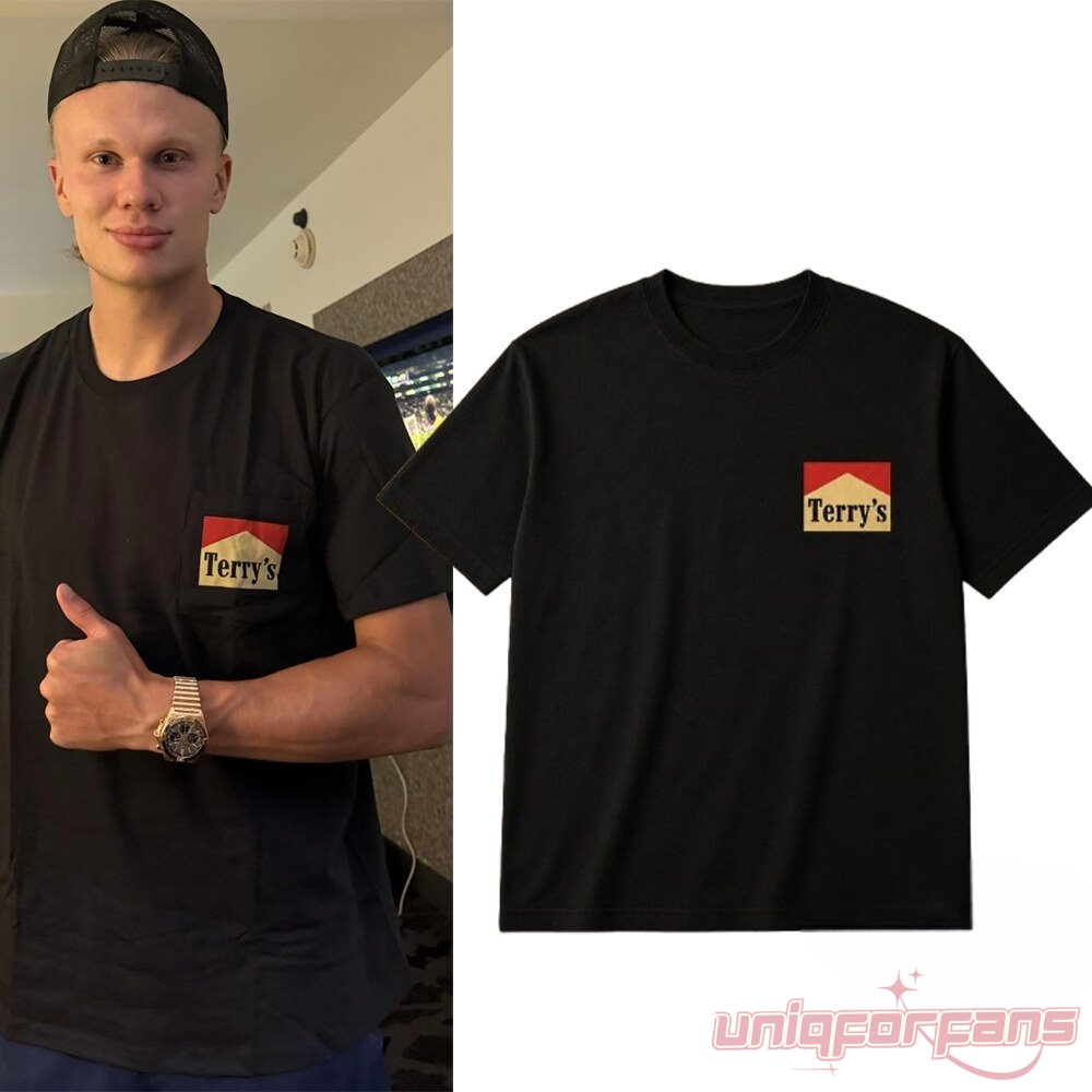 Erling Haaland Terry's Black Shirt featuring the red and white pocket logo, modeled alongside the standalone tee