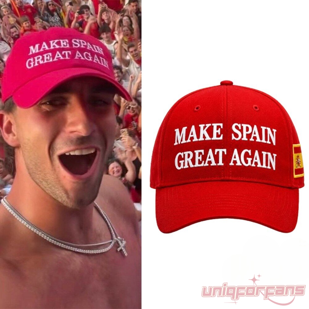 Ferran Torres WC 2026 Make Spain Great Again Hat split view showing Ferran Torres wearing red cap