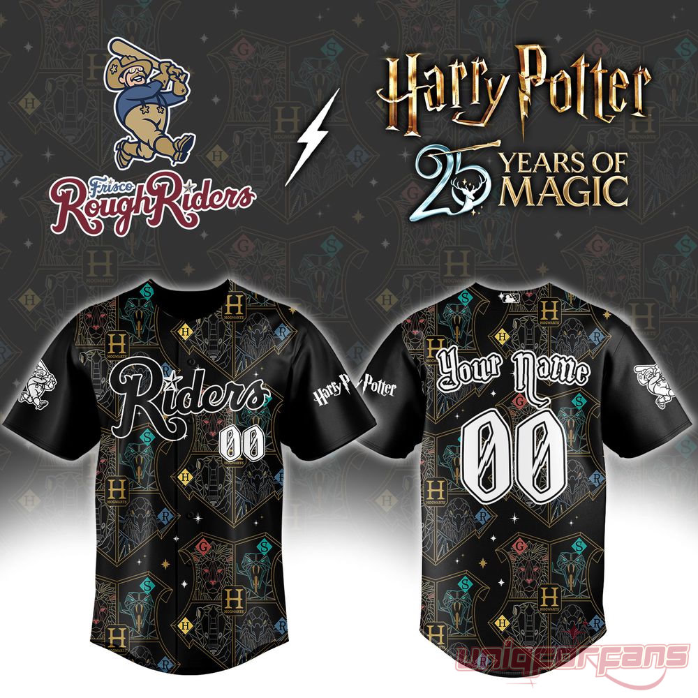 Frisco RoughRiders Harry Potter 25 Years of Magic 2026 Jersey – black custom baseball jersey with Hogwarts house crest allover print