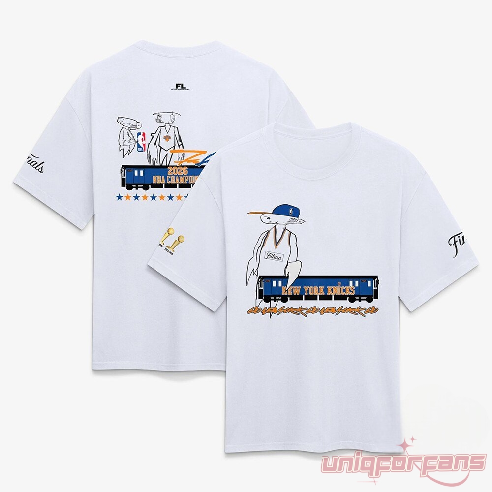Futura x New York Knicks NBA Champions Edition Shirt 2026 white tee front and back view with graphic print