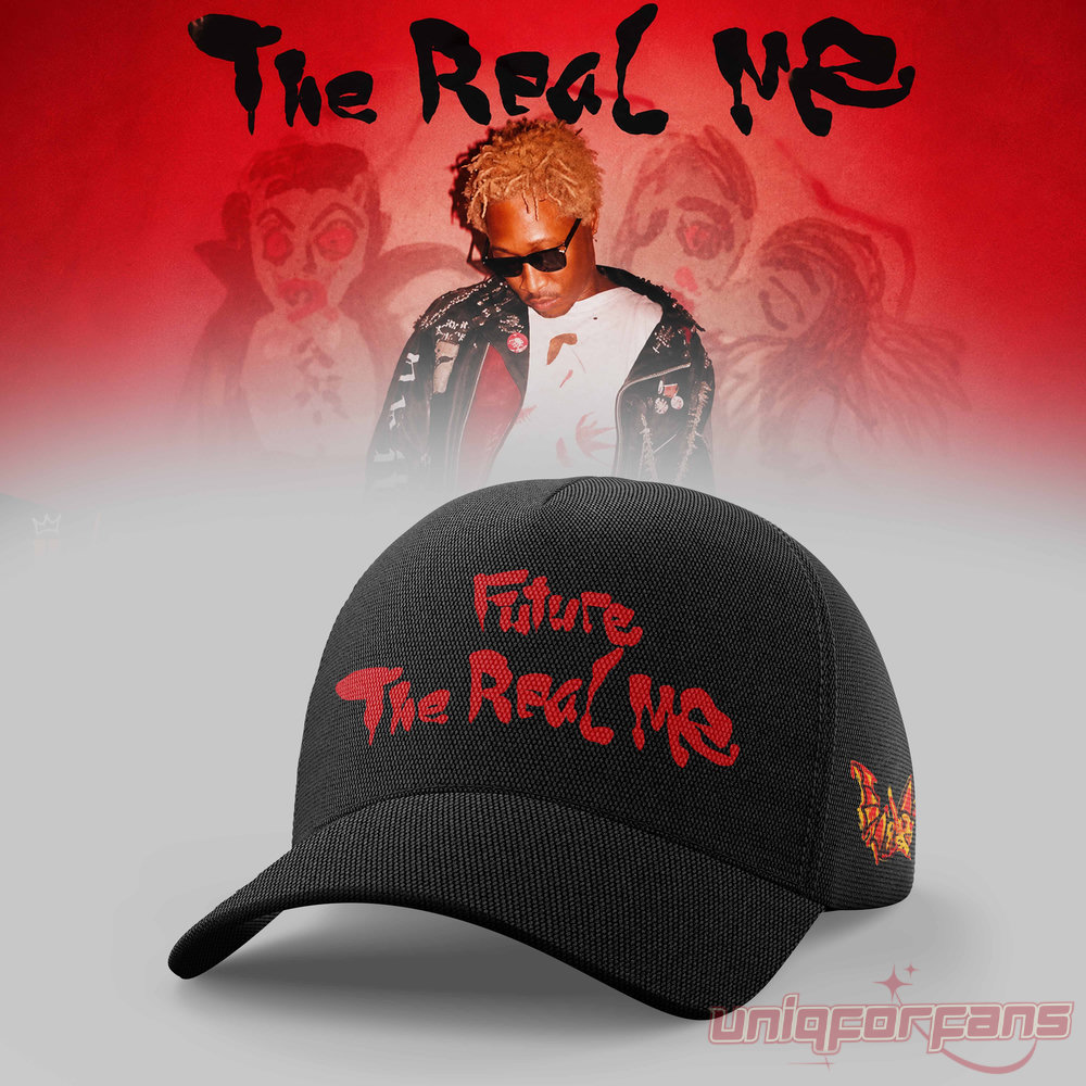 Future The Real Me Tour 2026 black cap with red embroidery product mockup beside photo of Future wearing sunglasses