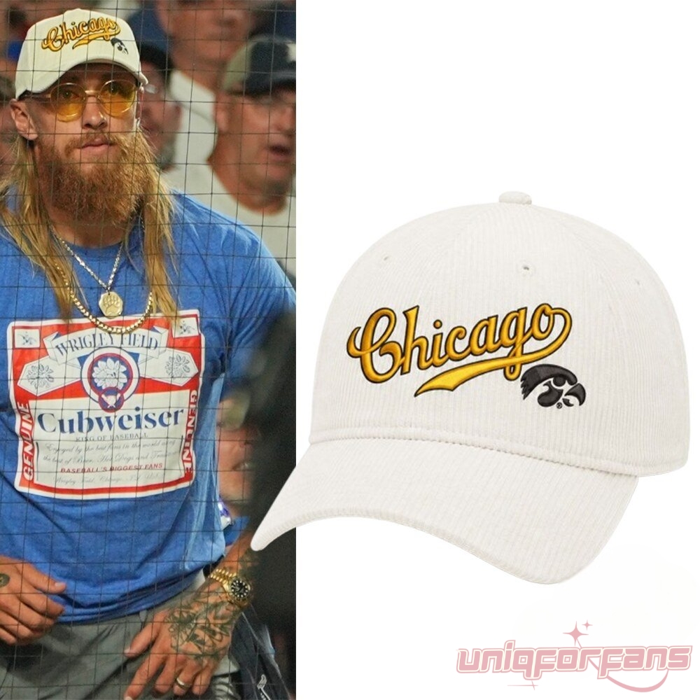 George Kittle San Francisco 49ers At Chicago Cubs University of Iowa Cap split view showing Kittle wearing the cap