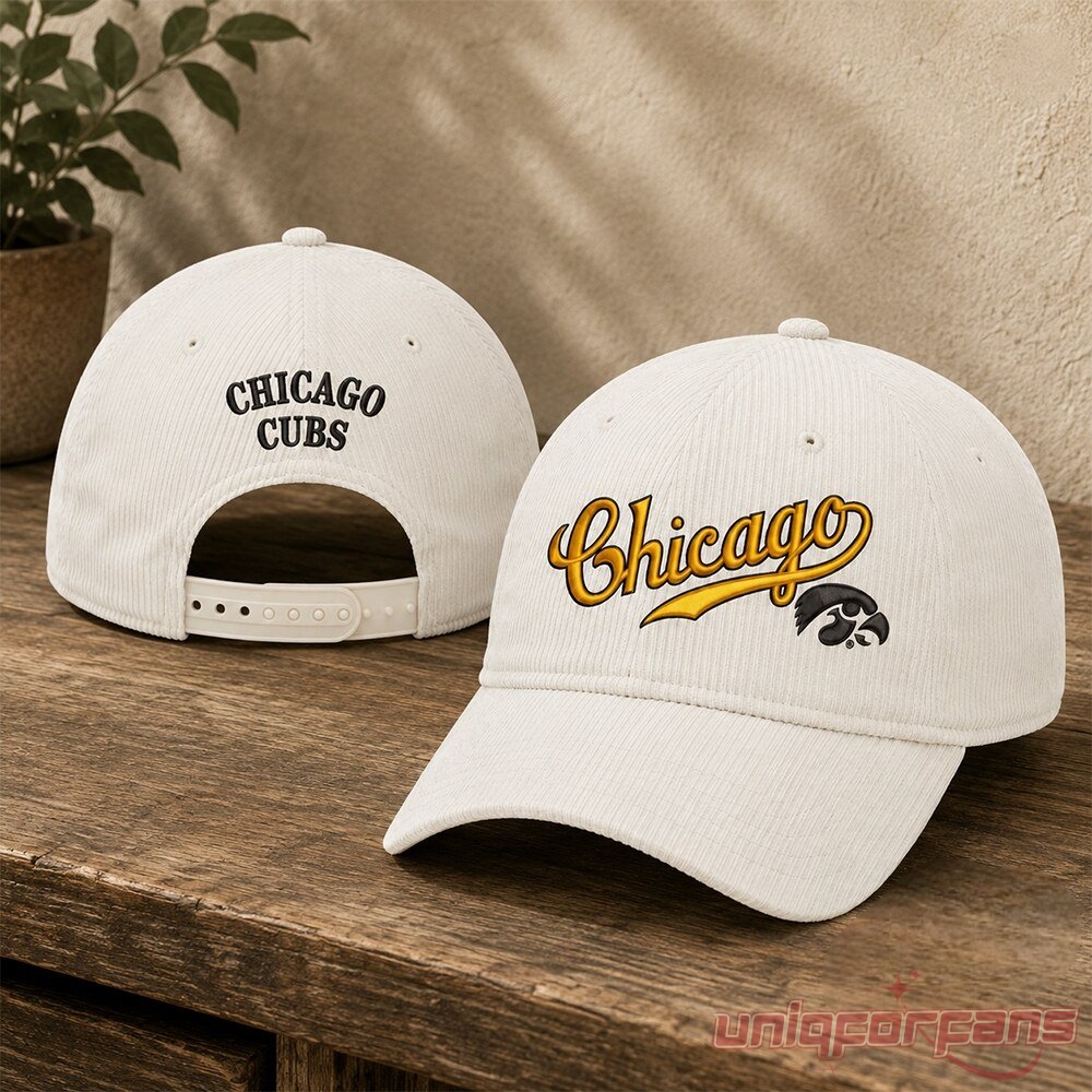 George Kittle San Francisco 49ers At Chicago Cubs University of Iowa Cap front and back view of white corduroy cap