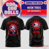 Goo Goo Dolls Summer 2026 tour t-shirt in black, featuring a front sun graphic and 2026 concert tour dates on the back