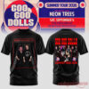 Goo Goo Dolls Summer 2026 tour t-shirt, black cotton tee with band portraits on the front and live performance back photos