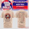 Goo Goo Dolls Summer 2026 tour t-shirt in beige, featuring a red sun logo on the front and Neon Trees guest tour dates back