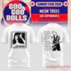 Goo Goo Dolls Summer 2026 tour t-shirt, white band tee with front graphic art and Iris song lyrics printed on the back