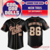 Goo Goo Dolls Summer 2026 tour baseball jersey, black button-up with tan script text and number 86 on the back