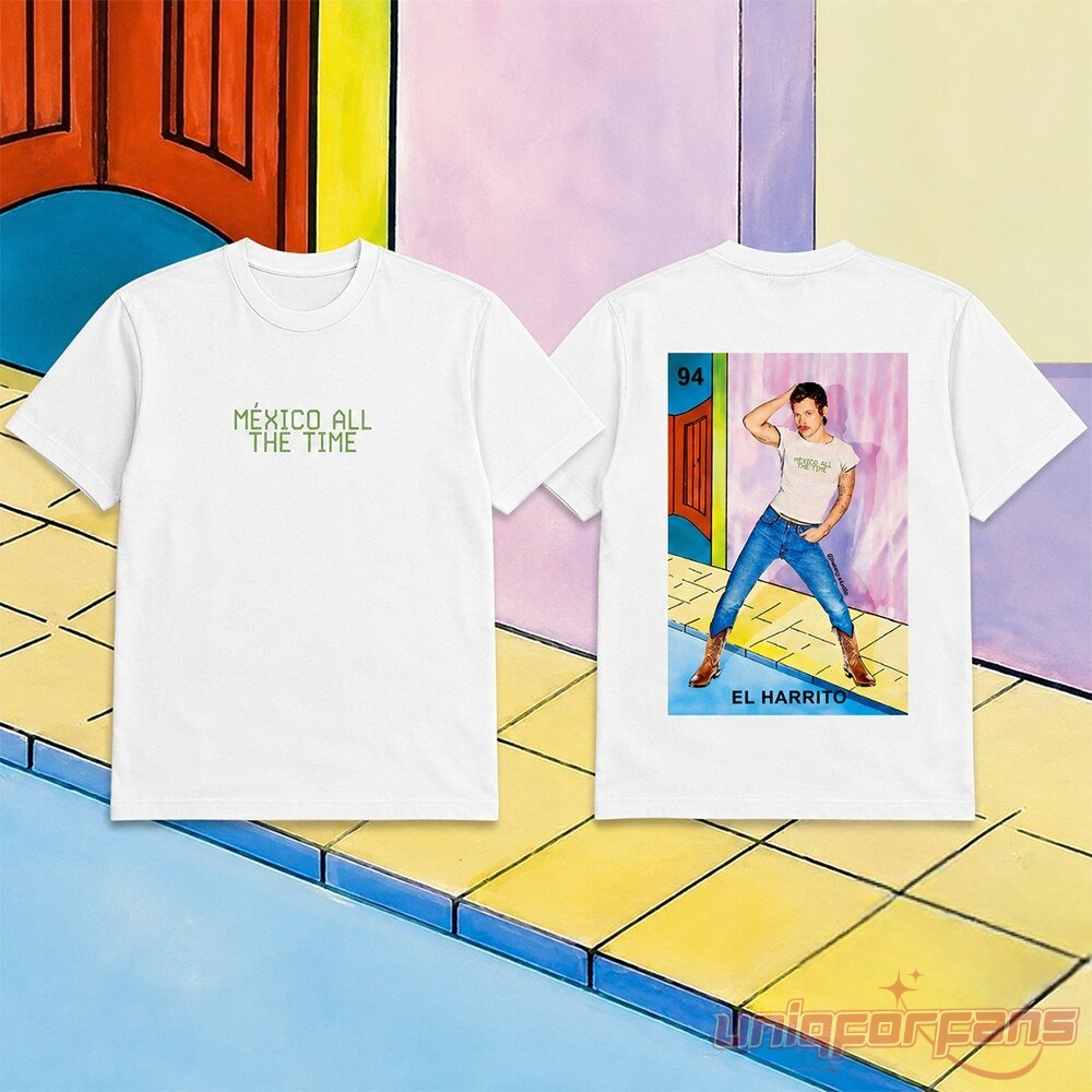 Harry Styles El Harrito Loteria Special Tee front and back view set on a colorful tile background