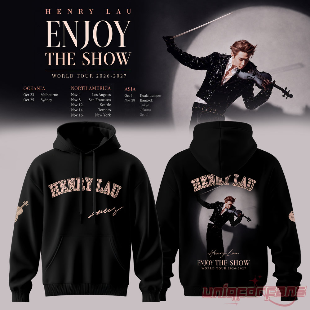 Henry Lau Enjoy The Show World Tour Signature Hoodie in black, featuring a violin spotlight graphic on the back