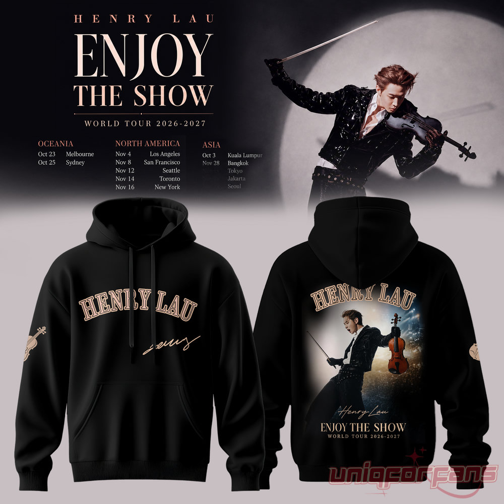 Henry Lau Enjoy The Show World Tour Signature Hoodie, black pullover with graphic of artist holding violin high