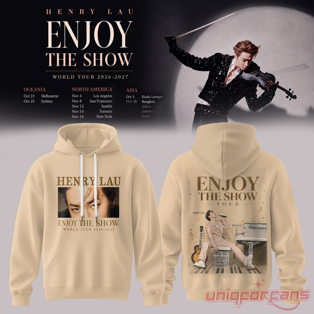 Henry Lau Enjoy The Show World Tour Signature Hoodie in beige, featuring a close-up eye print and piano back graphic