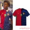 IShowSpeed France vs Morocco split jersey featuring half red Moroccan and half blue French soccer team designs