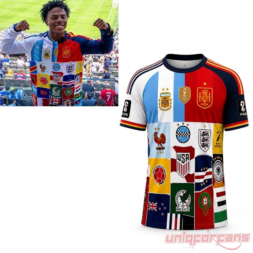 IShowSpeed For All Countries 2026 World Cup Jersey, multi-national patchwork sports fan shirt