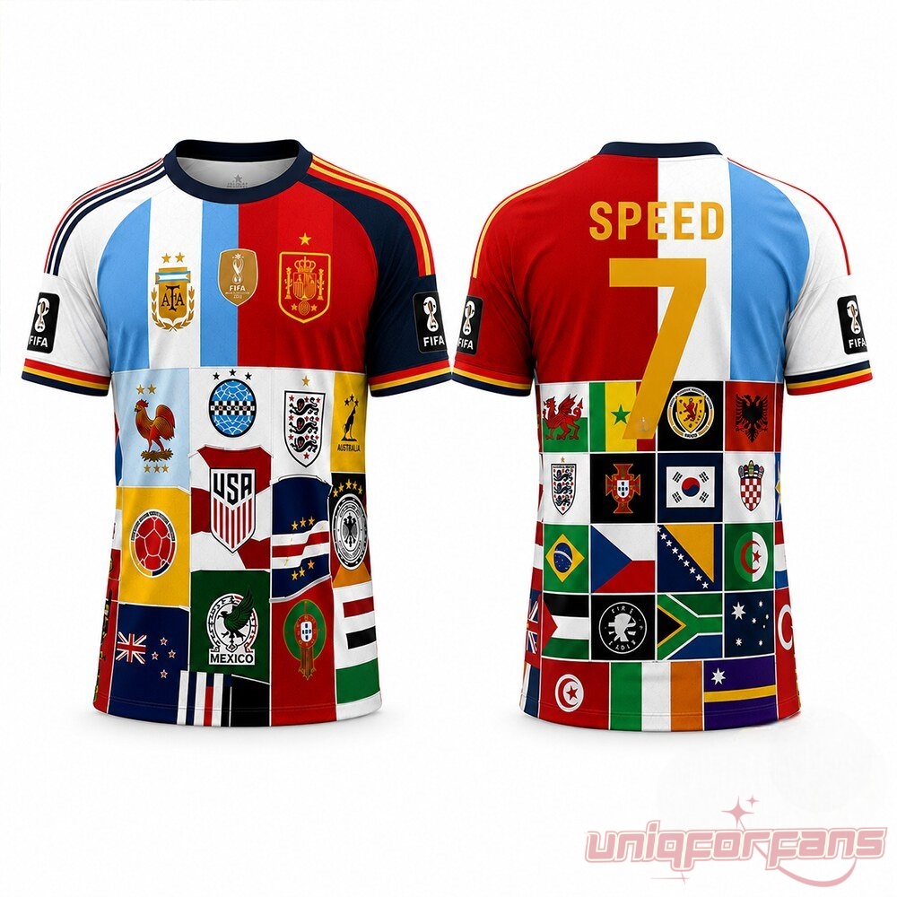 IShowSpeed For All Countries 2026 World Cup Jersey, front and back view with Speed 7 print and global flag grid