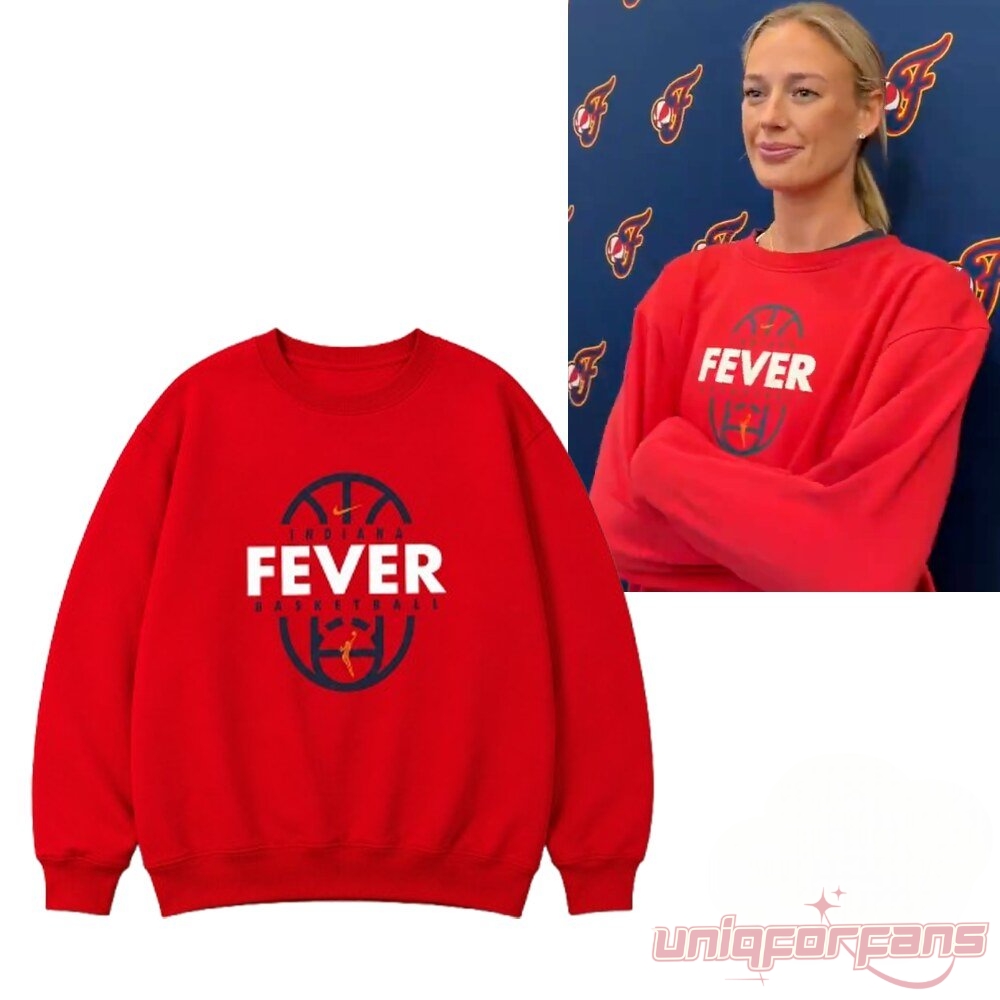 Indiana Fever Sophie Cunningham Red Sweatshirt featuring white FEVER text and navy basketball graphic
