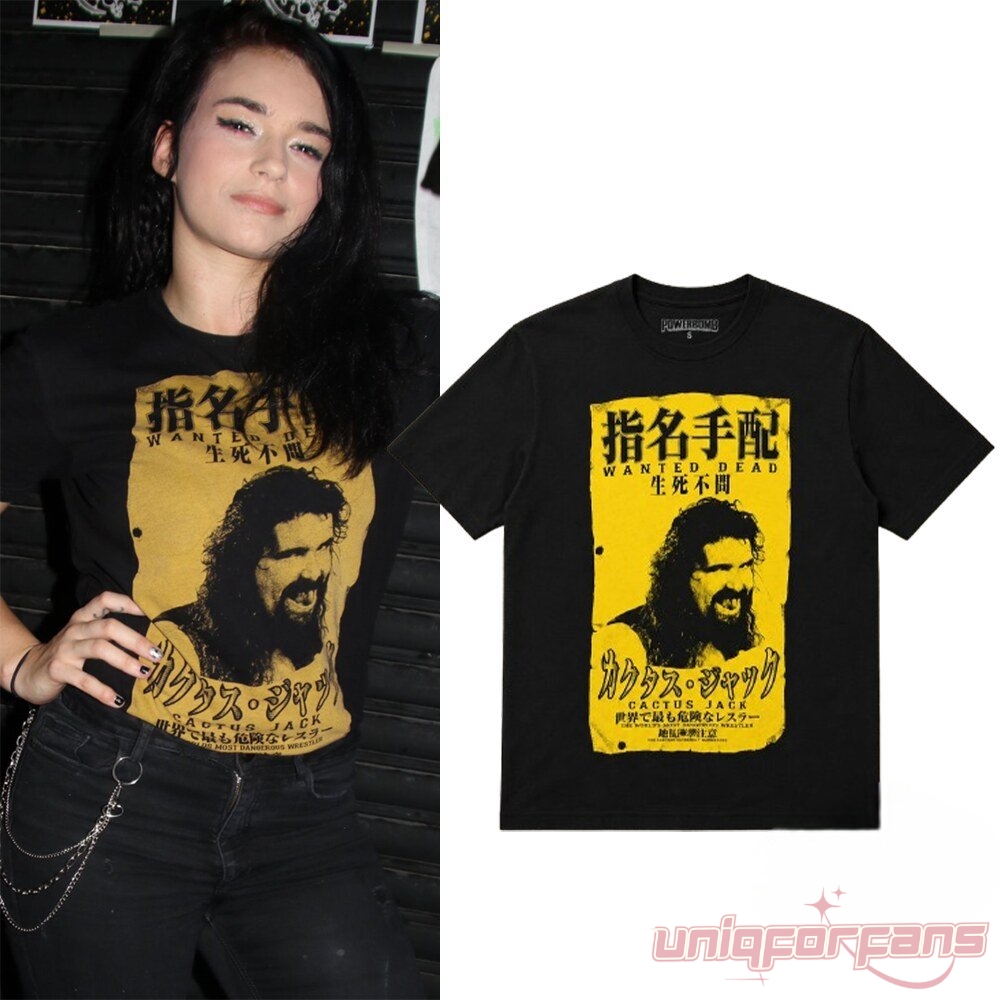Jamie Hayter wearing the Wanted Dead Cactus Jack Japanese inspired tee alongside a black graphic t-shirt mockup