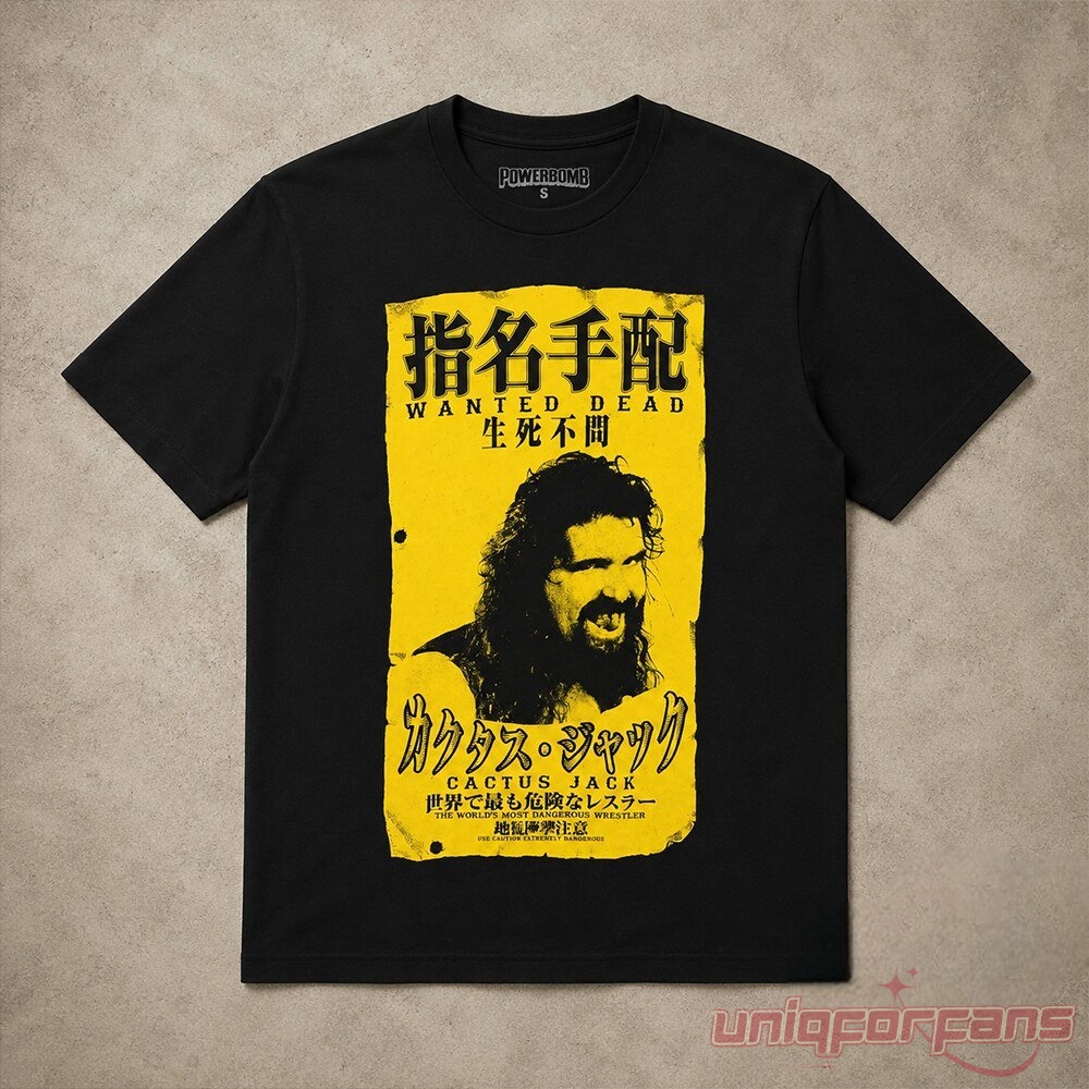 Jamie Hayter Wanted Dead Cactus Jack Japanese inspired tee featuring a yellow wanted poster graphic print on black