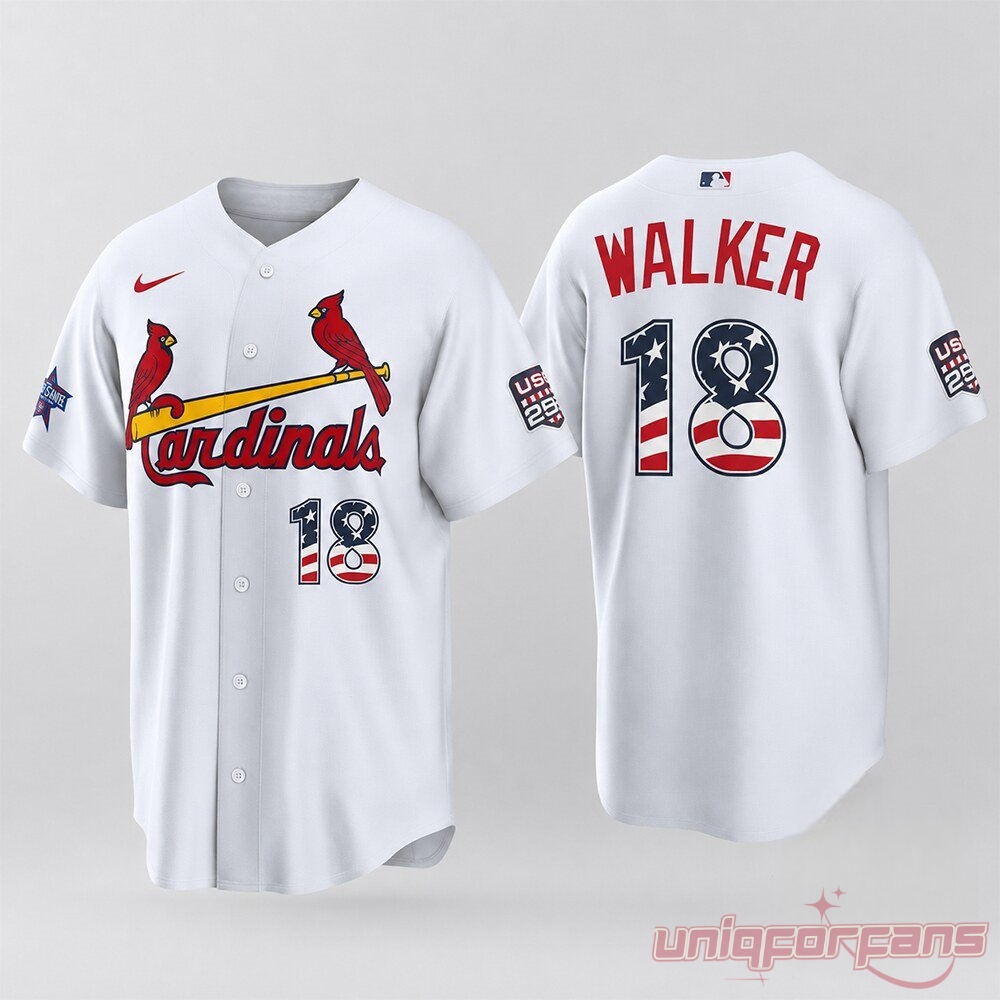 Jordan Walker St. Louis Cardinals 2026 All-Star Jersey in white with birds on bat, featuring red, white, and blue number 18