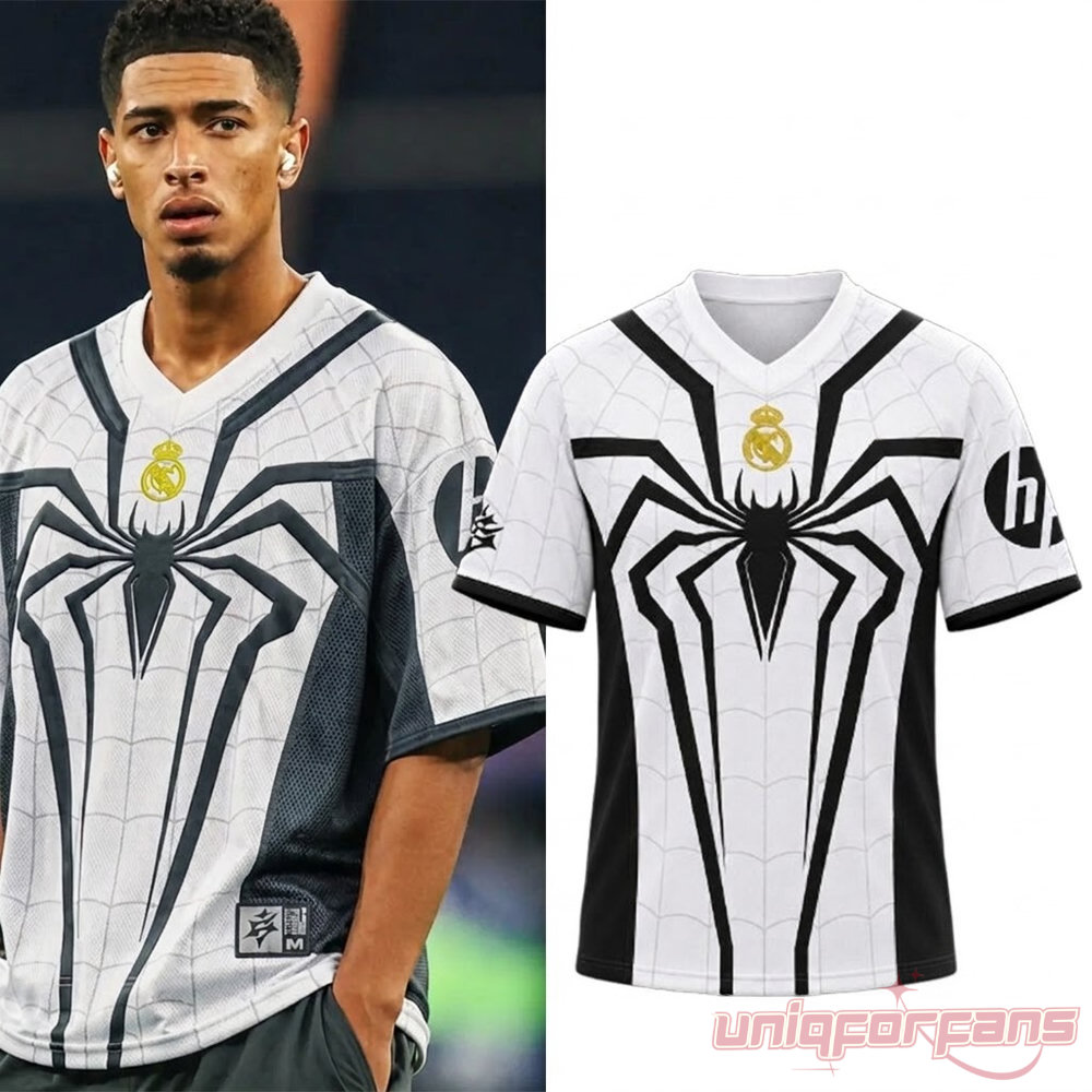 Jude Bellingham x Spider Man Real Madrid Edition Jersey in white with black spider emblem modeled & product view