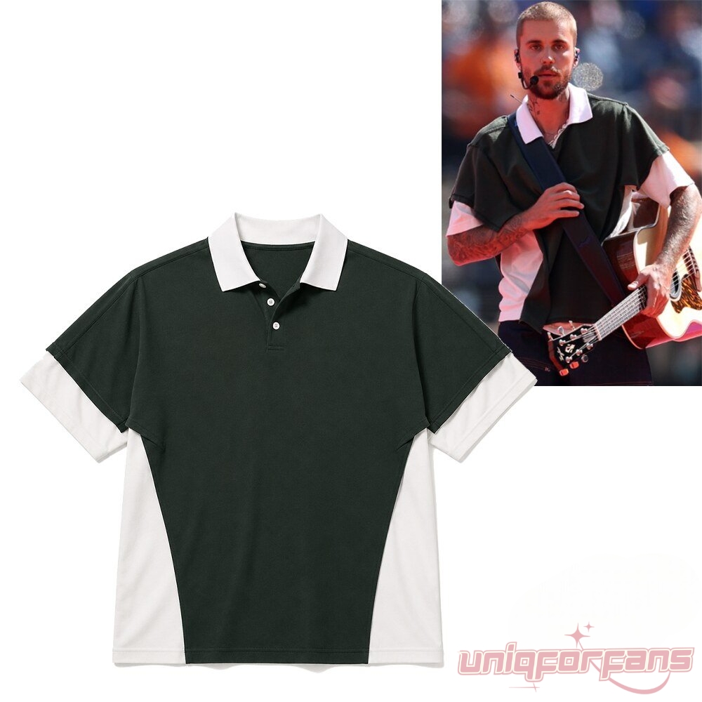 Justin Bieber World Cup 2026 Polo Shirt product layout alongside Justin Bieber performing live with an acoustic guitar