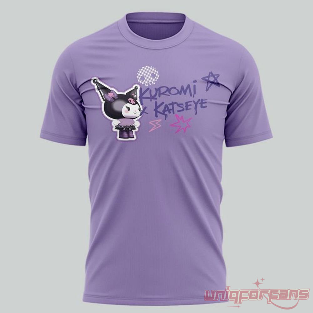 KATSEYE x Kuromi Special Edition Collab 2026 Tee front view in purple featuring Kuromi graphic and chest graffiti logo
