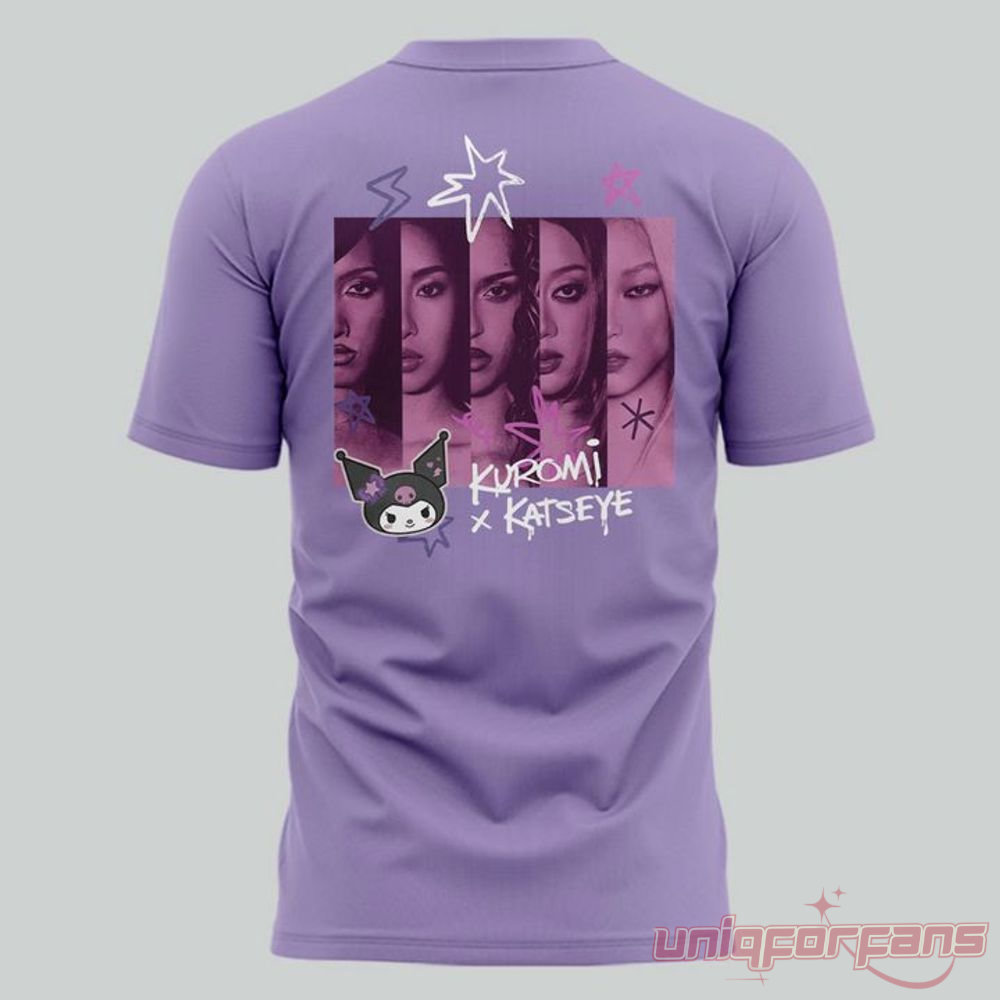 KATSEYE x Kuromi Special Edition Collab 2026 Tee back view with group member portrait panel and Kuromi head logo