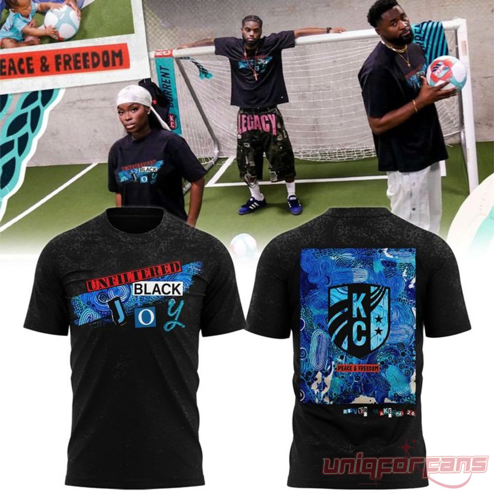 Kansas City Current Black Joy t-shirt front and back view with campaign photoshoot background